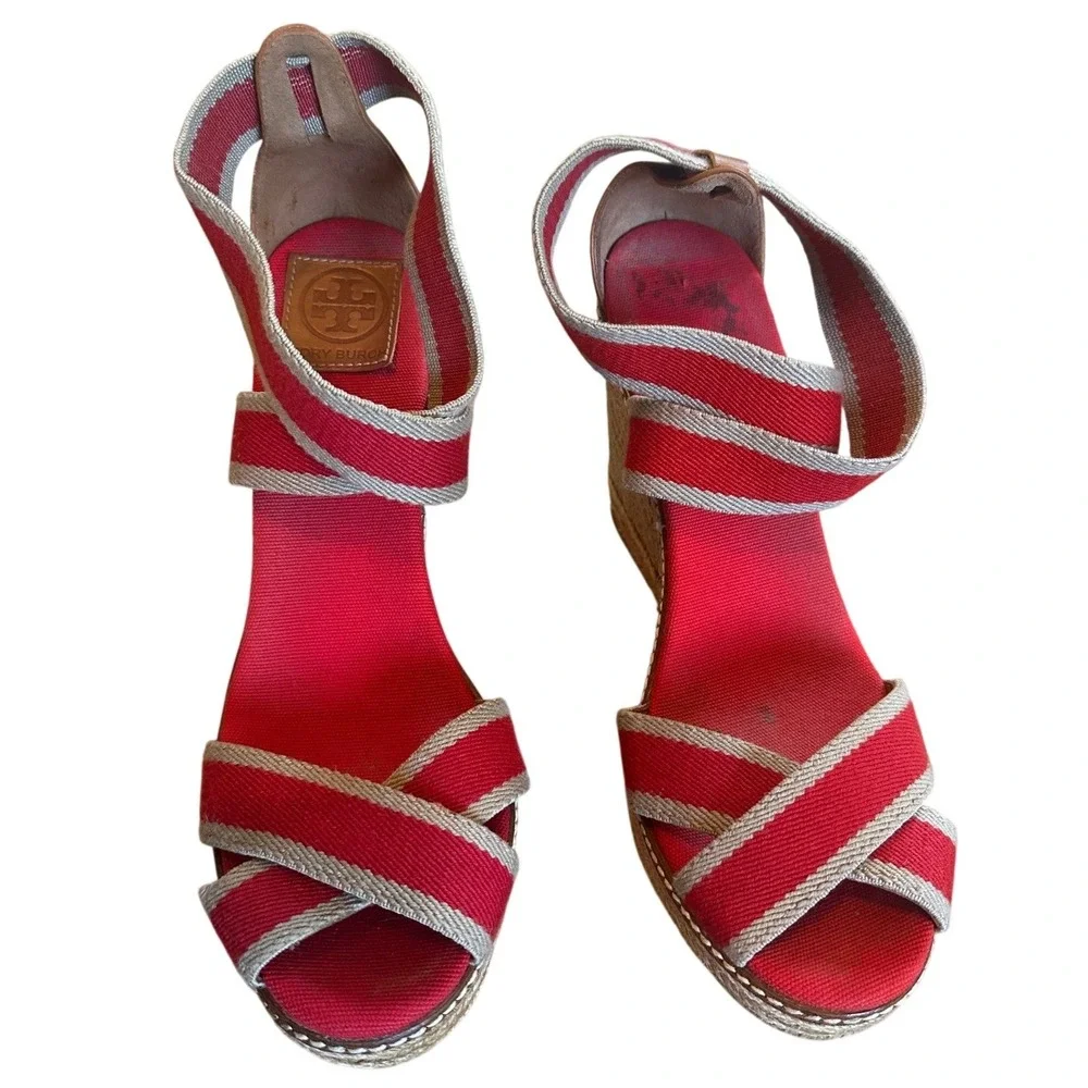 Tory Burch Red Striped Canvas Espadrille Wedge Sandals Women's 11